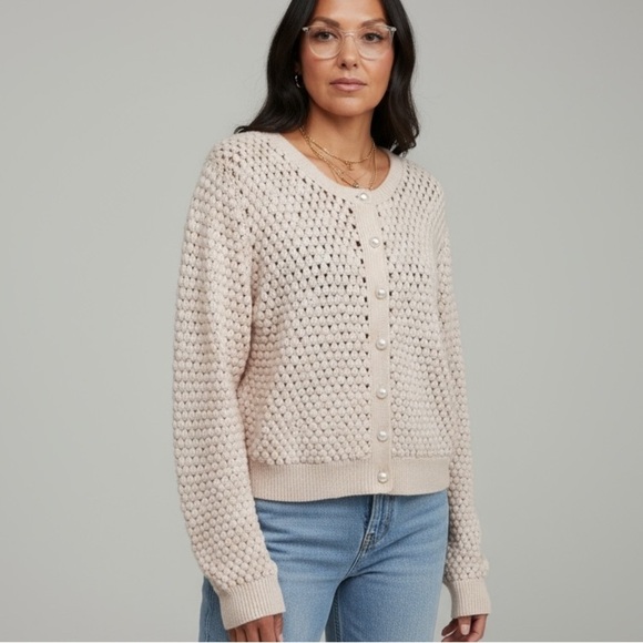 Alice + Olivia Cream Pearl Cardigan Wool Large - Picture 1 of 7